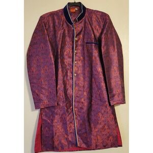 Vinama Womens Size 12 Brocade Long Jacket Coat Burgundy Blue Button Front